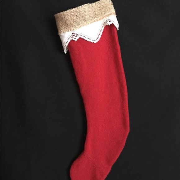 Red cashmere Christmas stocking, antique lace - Picture 1 of 3